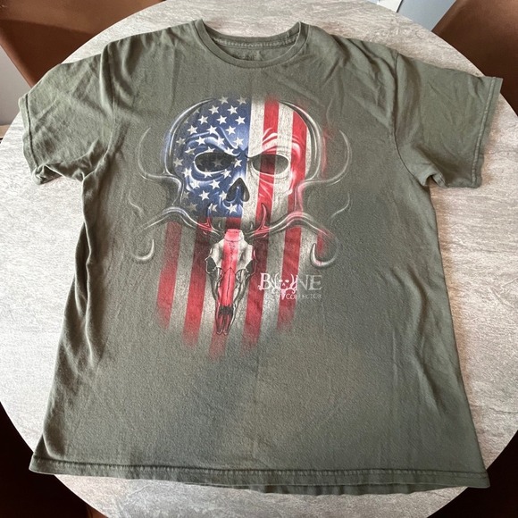 Bone Collector Mens Graphic T Shirt Skull American Flag Print Green Biker - Picture 1 of 4
